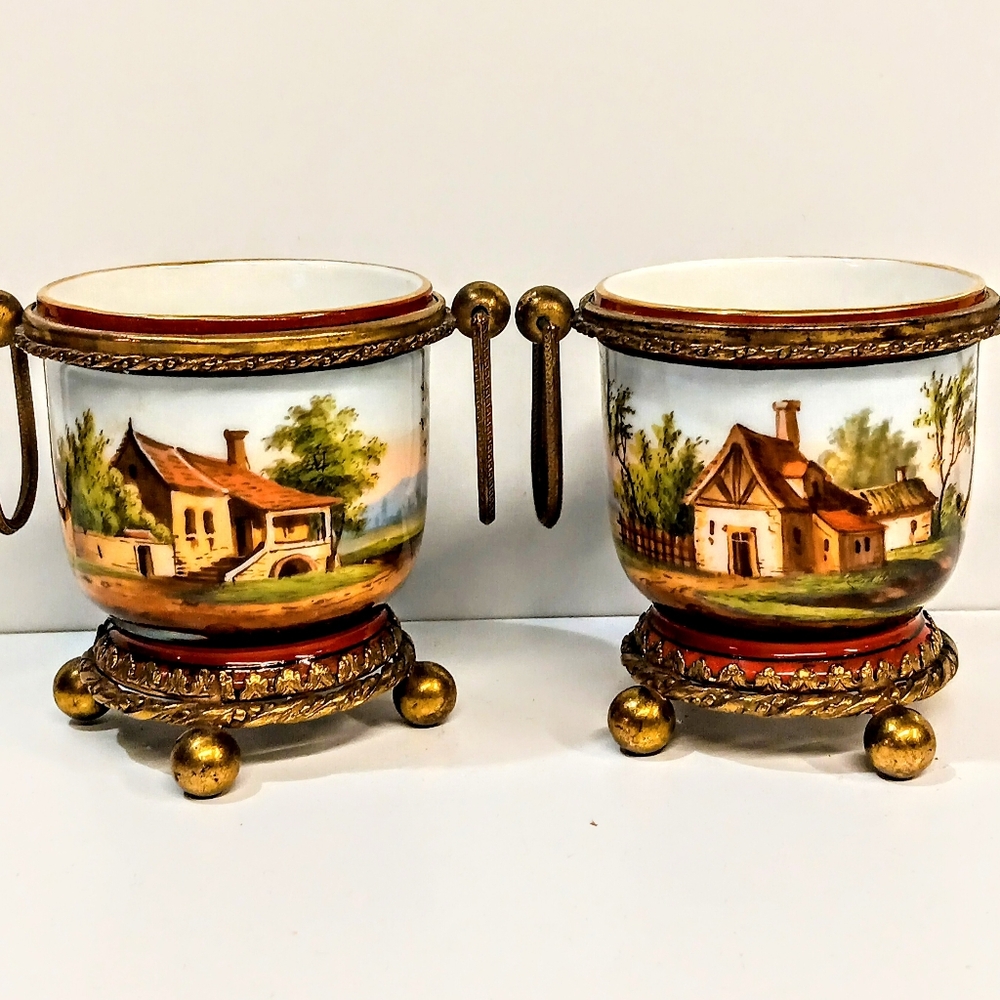 Pair Antique Porcelain Cachepots Ormolu Mounts Hand-Painted Pastoral Exc Cond